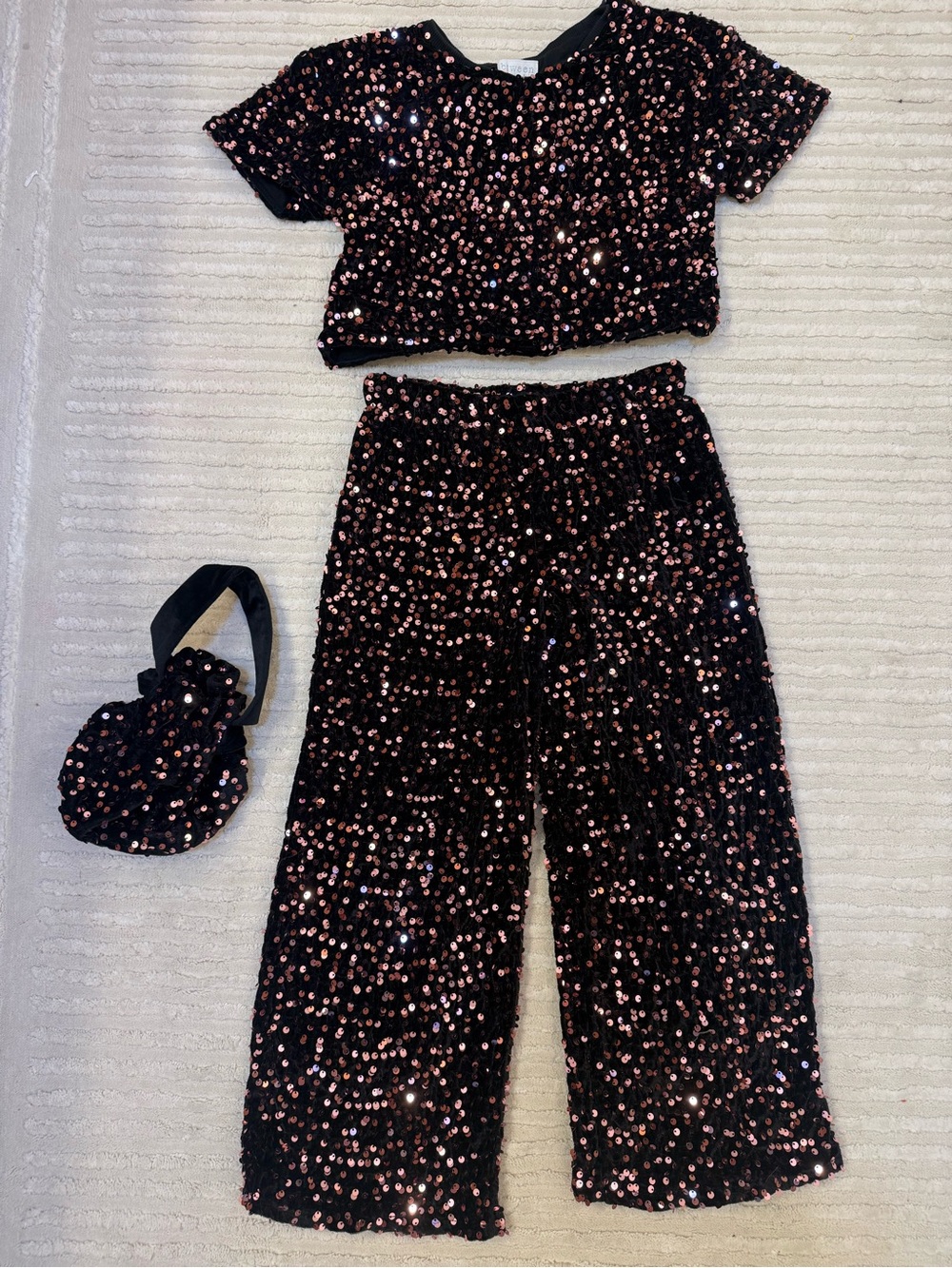 btween Black Top and Wide-Leg Set with Rose Gold Sequins size 8